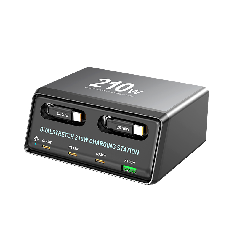 Station de charge avec câble USB-C OEM WLX-60E, 210W, 3A, 1 x USB-A - 3 x USB-C, Gris