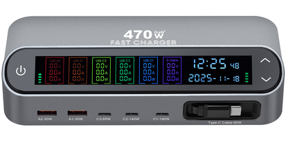 Station de charge avec câble USB-C OEM LCD470W, 470W, 5A, 2 x USB-A - 3 x USB-C, Gris