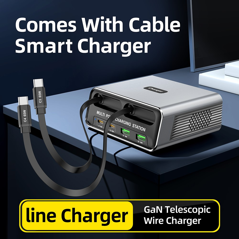 Station de charge avec câble USB-C OEM WLX-60C, 130W, 2 x USB-A - 2 x USB-C, Gris