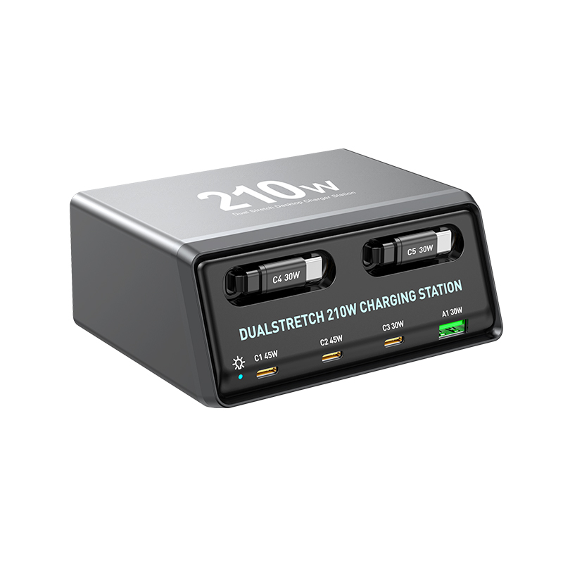 Station de charge avec câble USB-C OEM WLX-60E, 210W, 3A, 1 x USB-A - 3 x USB-C, Gris