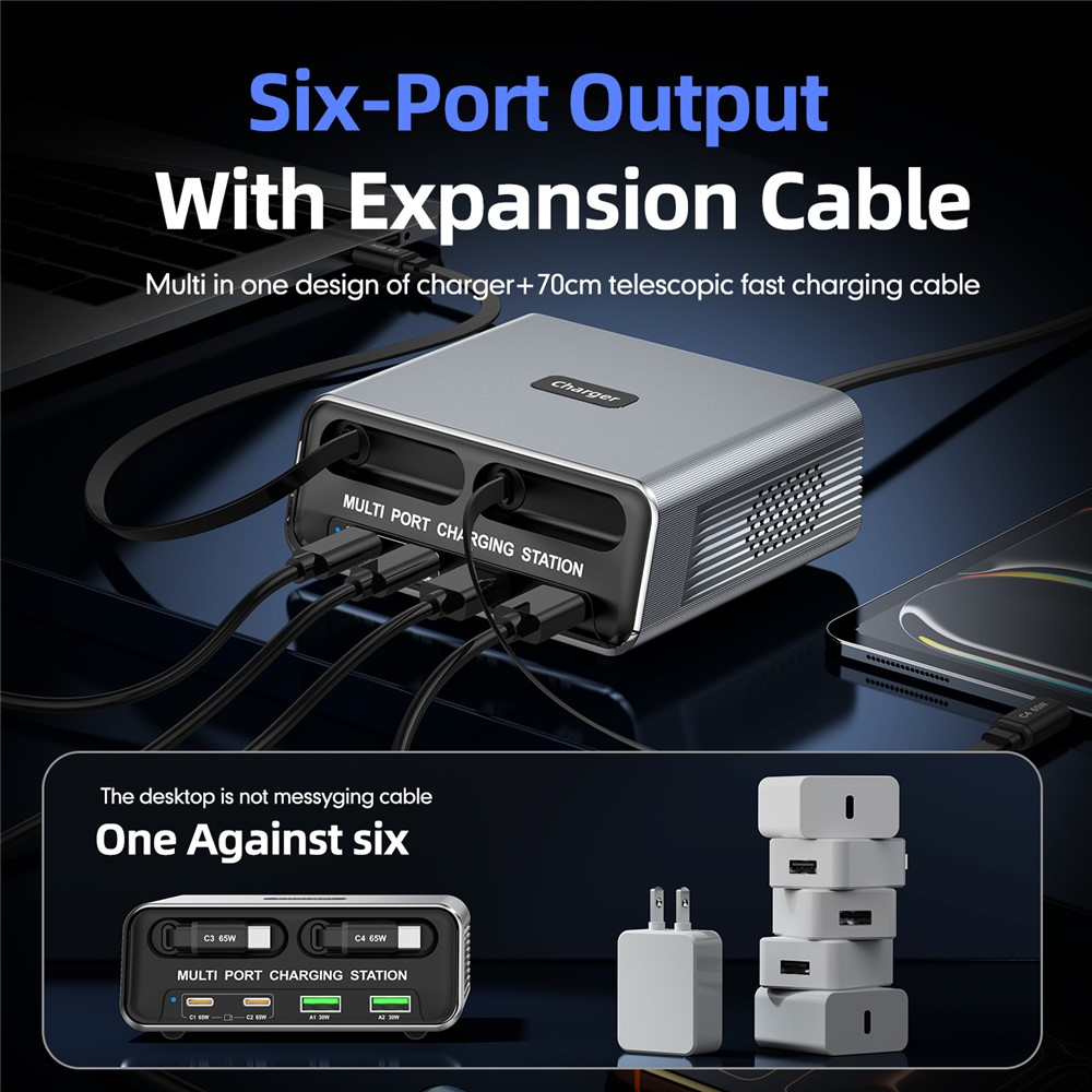 Station de charge avec câble USB-C OEM WLX-60C, 130W, 2 x USB-A - 2 x USB-C, Gris