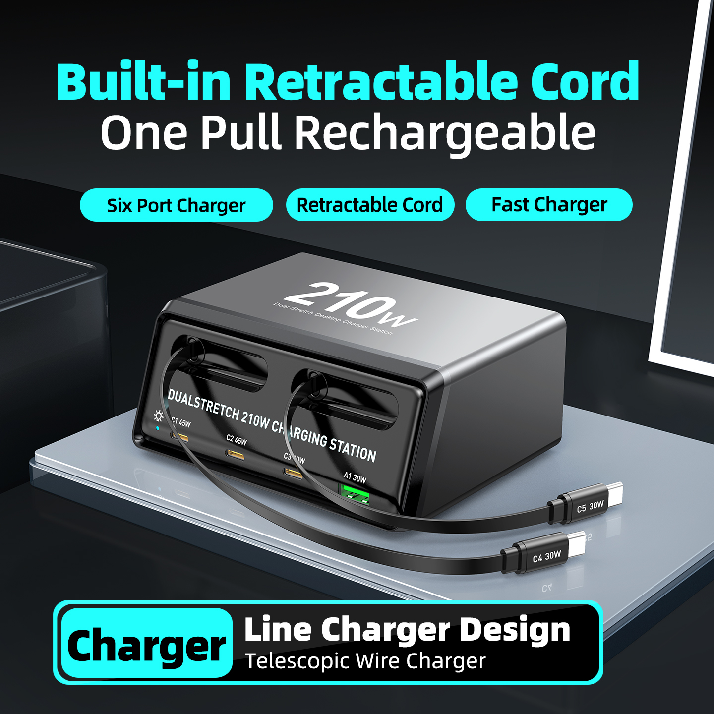 Station de charge avec câble USB-C OEM WLX-60E, 210W, 3A, 1 x USB-A - 3 x USB-C, Gris