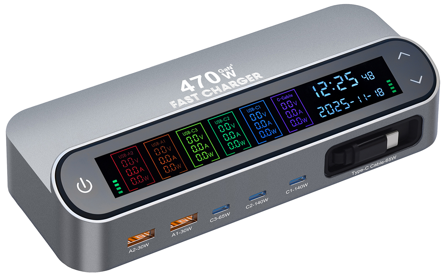 Station de charge avec câble USB-C OEM LCD470W, 470W, 5A, 2 x USB-A - 3 x USB-C, Gris