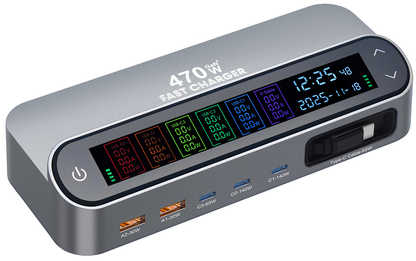 Station de charge avec câble USB-C OEM LCD470W, 470W, 5A, 2 x USB-A - 3 x USB-C, Gris