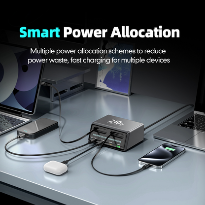Station de charge avec câble USB-C OEM WLX-60E, 210W, 3A, 1 x USB-A - 3 x USB-C, Gris