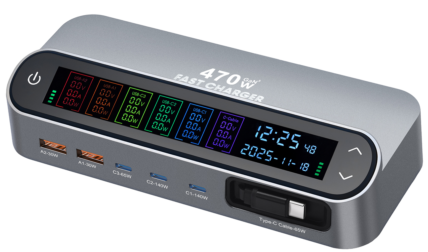 Station de charge avec câble USB-C OEM LCD470W, 470W, 5A, 2 x USB-A - 3 x USB-C, Gris