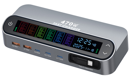 Station de charge avec câble USB-C OEM LCD470W, 470W, 5A, 2 x USB-A - 3 x USB-C, Gris