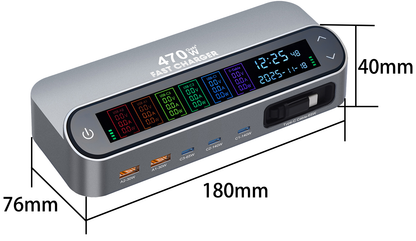 Station de charge avec câble USB-C OEM LCD470W, 470W, 5A, 2 x USB-A - 3 x USB-C, Gris