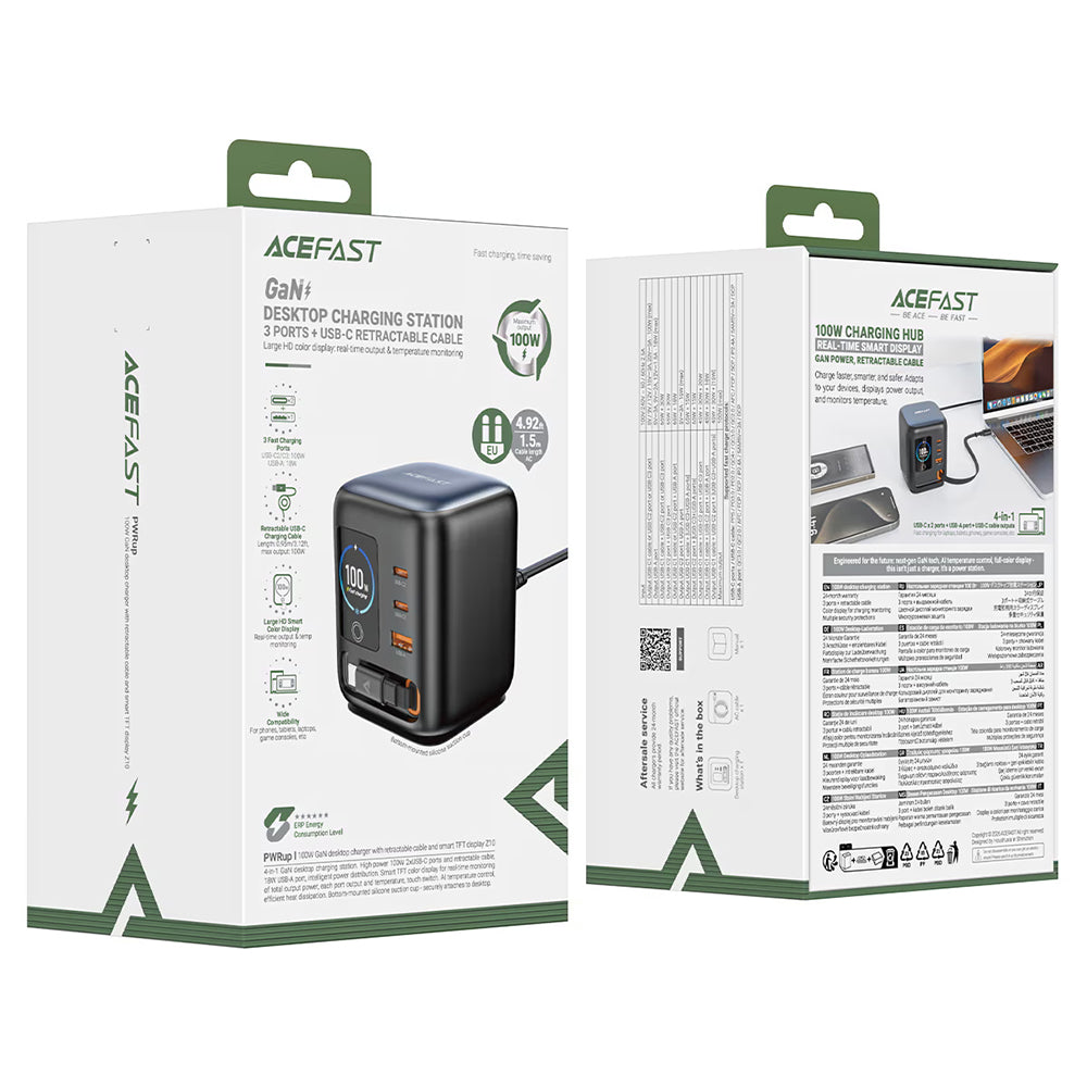 Chargeur Station avec Câble USB-C Acefast Z10, 100W, 1 x USB-A - 2 x USB-C, Noir