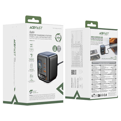 Chargeur Station avec Câble USB-C Acefast Z10, 100W, 1 x USB-A - 2 x USB-C, Noir