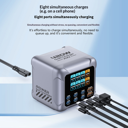 Chargeur Station OEM BK-126D, 140W, 5A, 2 x USB-A - 6 x USB-C, Gris
