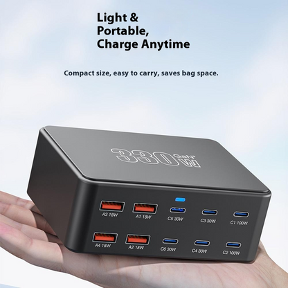 Chargeur Station OEM HW66, 330W, 5A, 4 x USB-A - 6 x USB-C, Noir