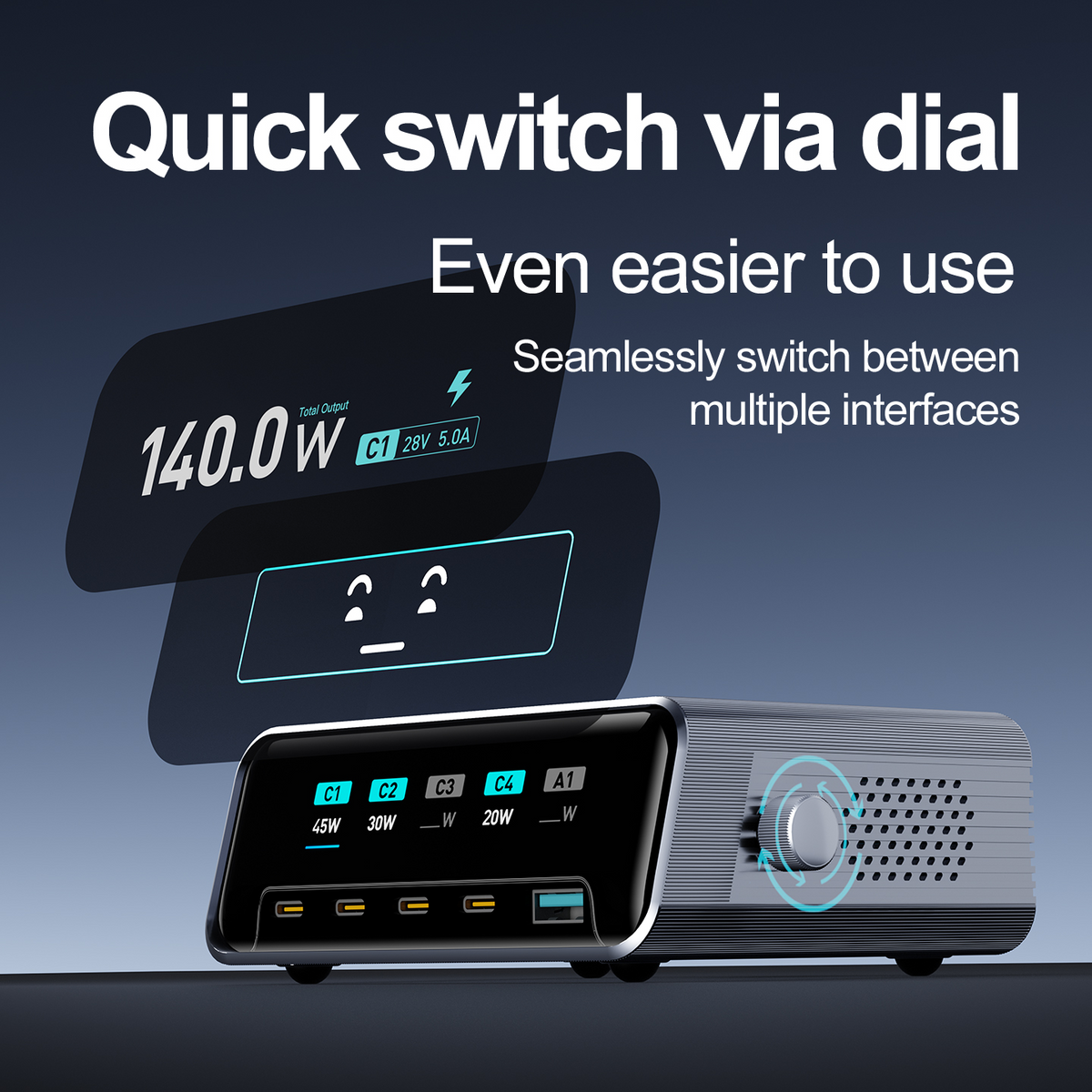 Chargeur Station OEM WLX-60G, 140W, 5A, 1 x USB-A - 4 x USB-C, Gris