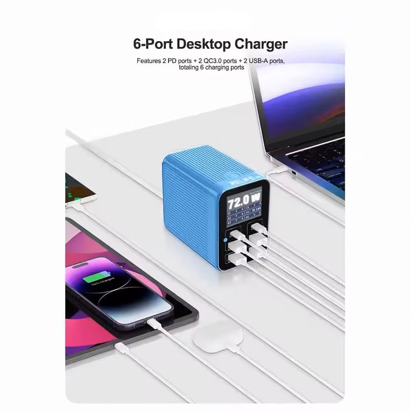 Chargeur Station Relife Q4, 72W, 5A, 2 x USB-C - 4 x USB-A, Gris