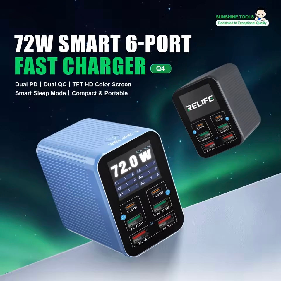 Chargeur Station Relife Q4, 72W, 5A, 2 x USB-C - 4 x USB-A, Gris