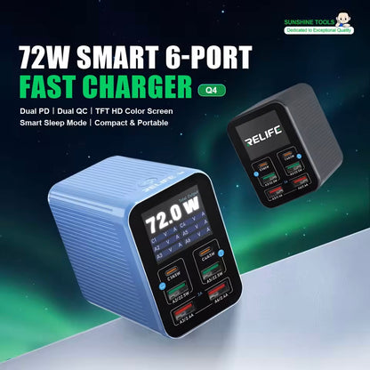 Chargeur Station Relife Q4, 72W, 5A, 2 x USB-C - 4 x USB-A, Gris