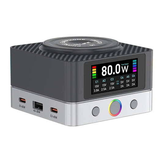 Chargeur Station Relife Q7 QI, 80W, 3.25A, 2 x USB-A - 4 x USB-C, Gris