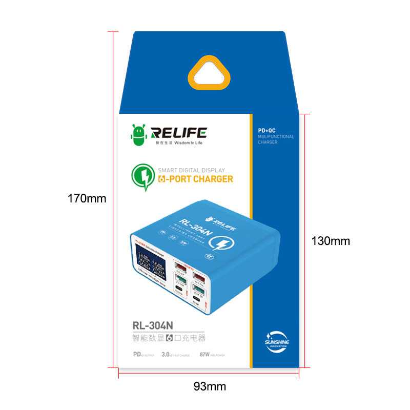 Chargeur Station Relife RL-304N, 87W, 3A, 2 x USB-C - 4 x USB-A, Bleu