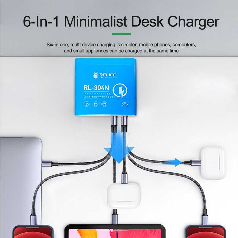 Chargeur Station Relife RL-304N, 87W, 3A, 2 x USB-C - 4 x USB-A, Bleu