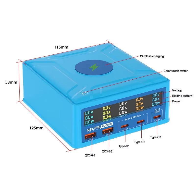 Chargeur Station Relife RL-304R QI, 260W, 3A, 2 x USB-A - 3 x USB-C, Bleu