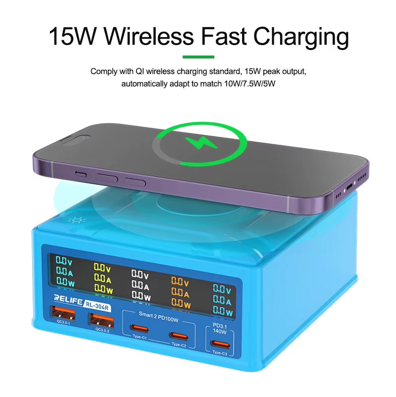Chargeur Station Relife RL-304R QI, 260W, 3A, 2 x USB-A - 3 x USB-C, Bleu