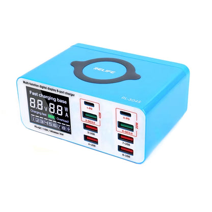 Chargeur Station Relife RL-304S QI, 110W, 3A, 2 x USB-C - 6 x USB-A, Bleu