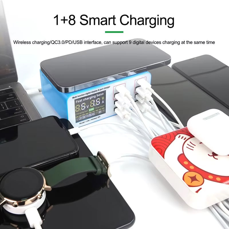 Chargeur Station Relife RL-304S QI, 110W, 3A, 2 x USB-C - 6 x USB-A, Bleu