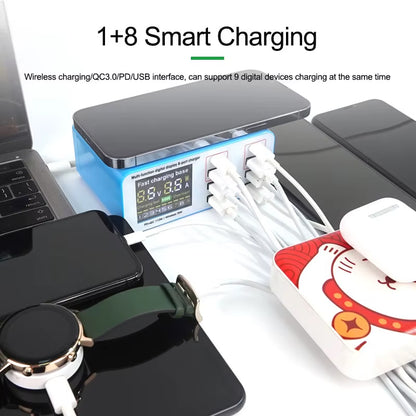 Chargeur Station Relife RL-304S QI, 110W, 3A, 2 x USB-C - 6 x USB-A, Bleu