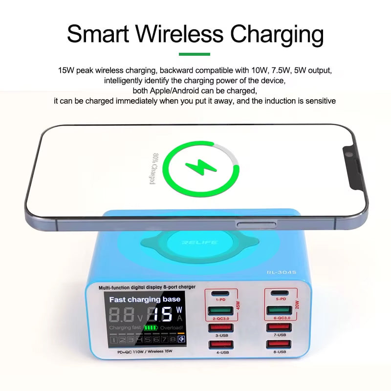 Chargeur Station Relife RL-304S QI, 110W, 3A, 2 x USB-C - 6 x USB-A, Bleu