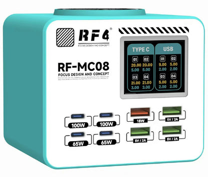 Chargeur Station RF4 RF-MC08, 150W, 5A, 4 x USB-A - 4 x USB-C, Turquoise