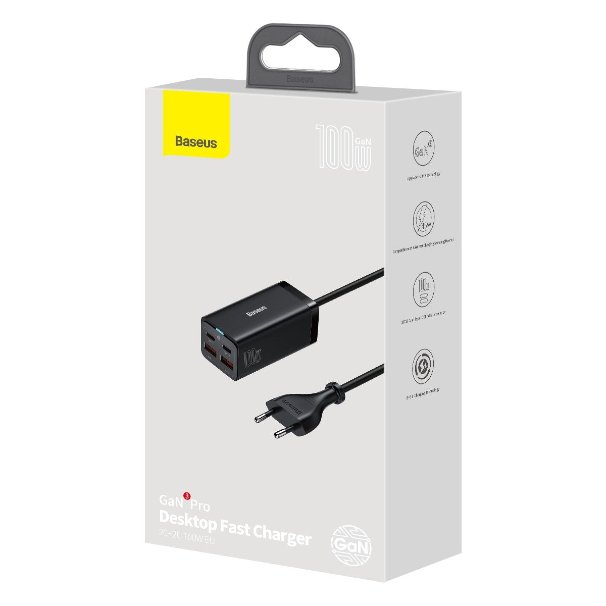 Chargeur Station USB-C Baseus GaN3 Pro, 100W, 5A, 2 x USB-A - 2 x USB-C, Noir, Reconditionné CCGP000101