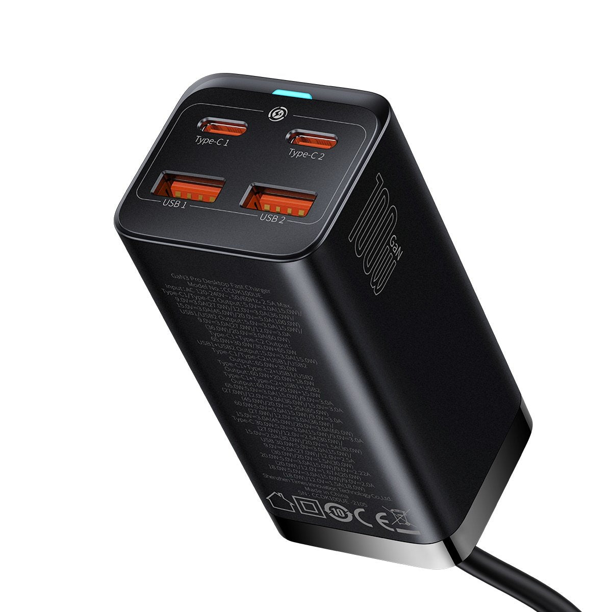 Chargeur Station USB-C Baseus GaN3 Pro, 100W, 5A, 2 x USB-A - 2 x USB-C, Noir, Reconditionné CCGP000101