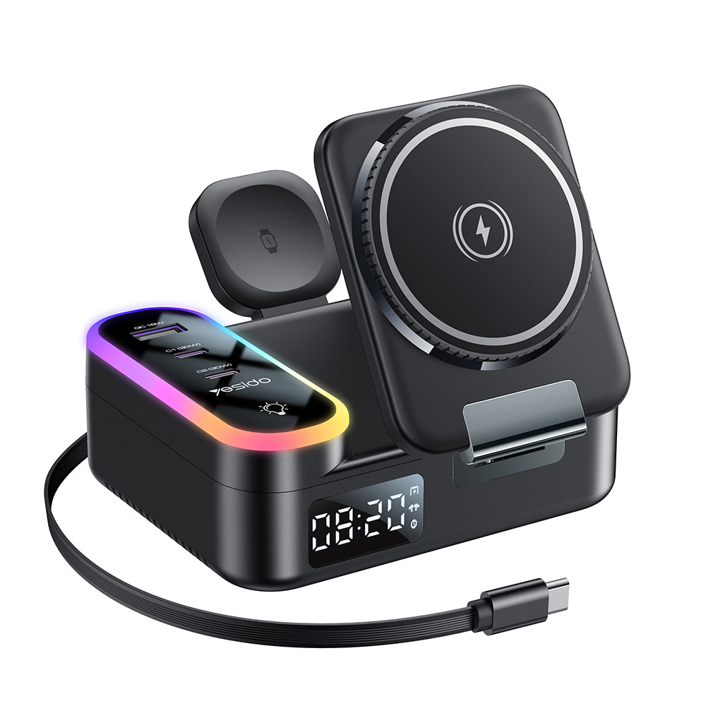 Chargeur Station Yesido DS38 Display QI 3en1, 65W, 3A, 1 x USB-A - 2 x USB-C, Noir