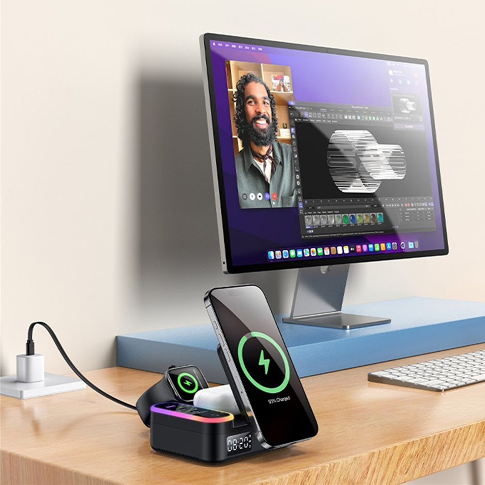 Chargeur Station Yesido DS38 Display QI 3en1, 65W, 3A, 1 x USB-A - 2 x USB-C, Noir