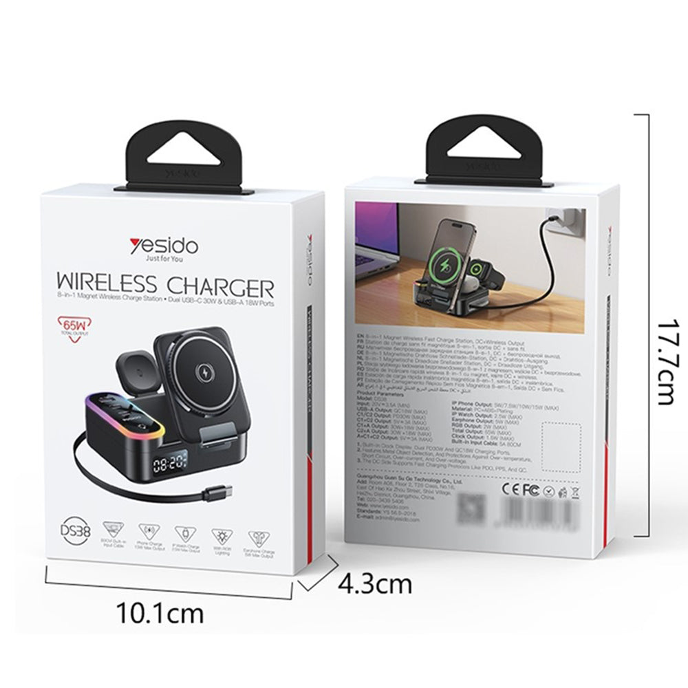 Chargeur Station Yesido DS38 Display QI 3en1, 65W, 3A, 1 x USB-A - 2 x USB-C, Noir