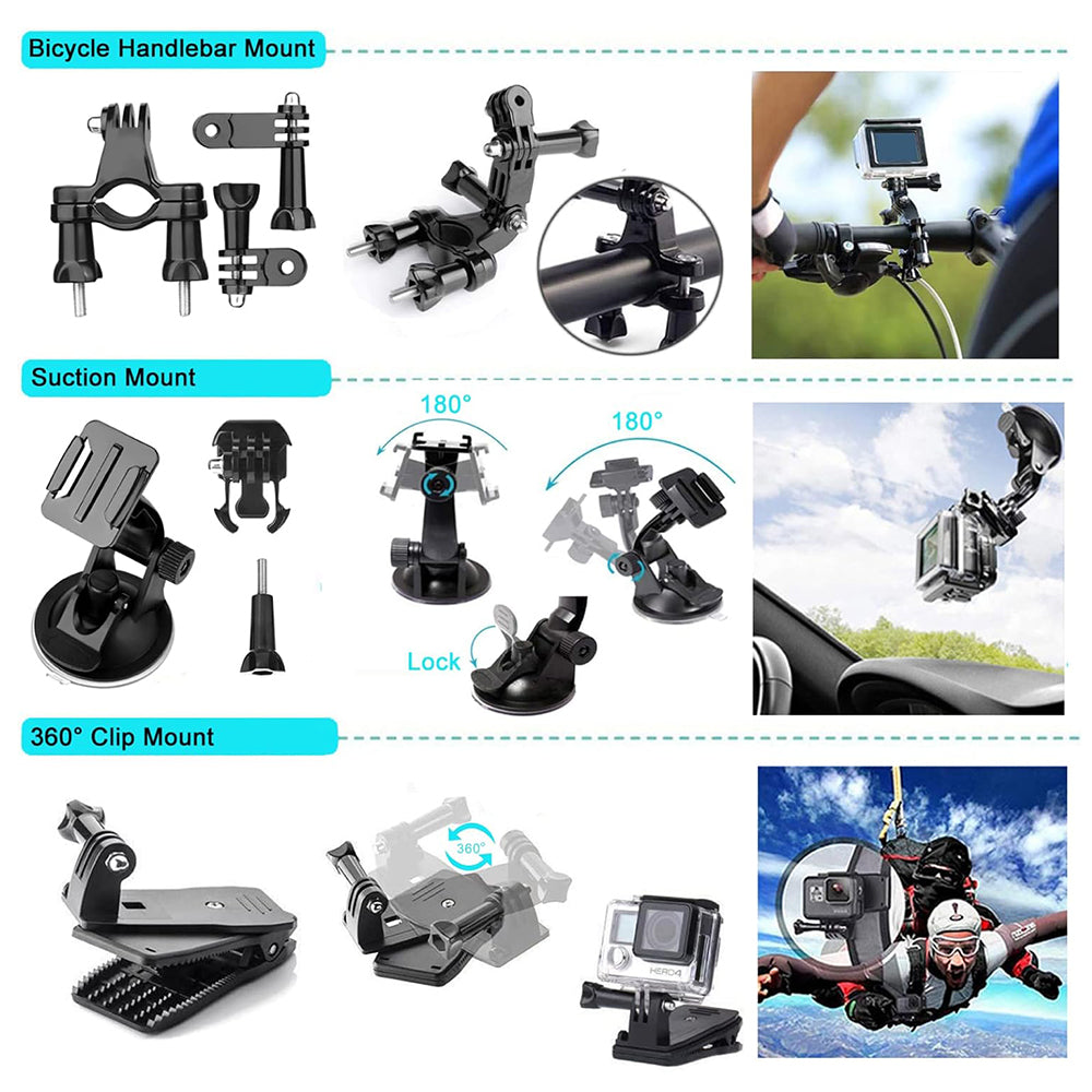 Kit d'accessoires caméra sport Techsuit SA50 pour GoPro / série SJCAM, 50 en 1, noir