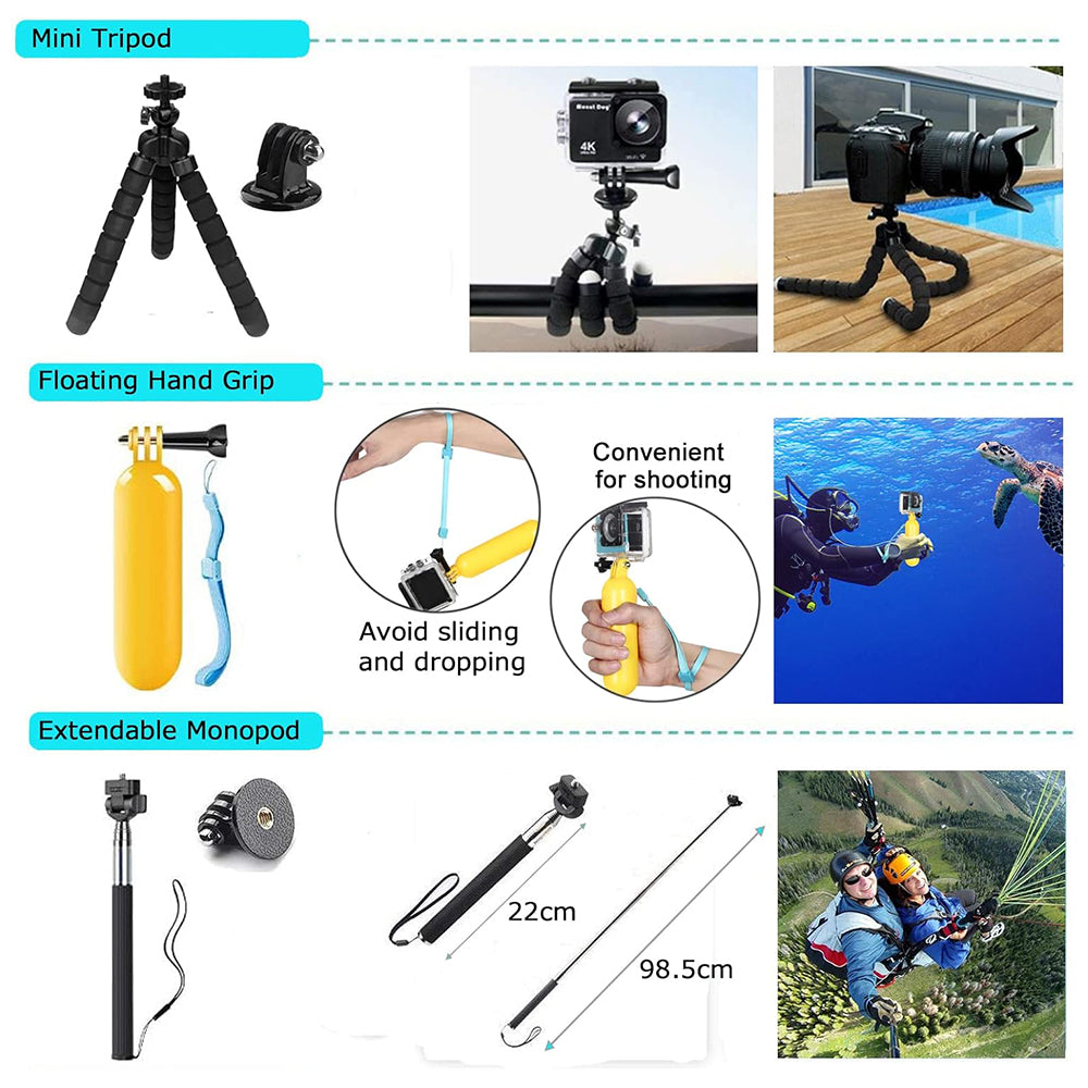Kit d'accessoires caméra sport Techsuit SA50 pour GoPro / série SJCAM, 50 en 1, noir