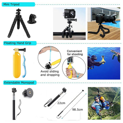 Kit d'accessoires caméra sport Techsuit SA50 pour GoPro / série SJCAM, 50 en 1, noir