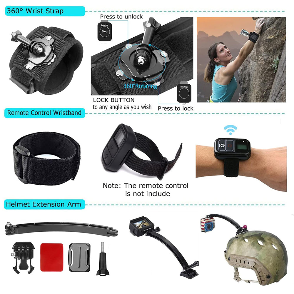Kit d'accessoires caméra sport Techsuit SA50 pour GoPro / série SJCAM, 50 en 1, noir