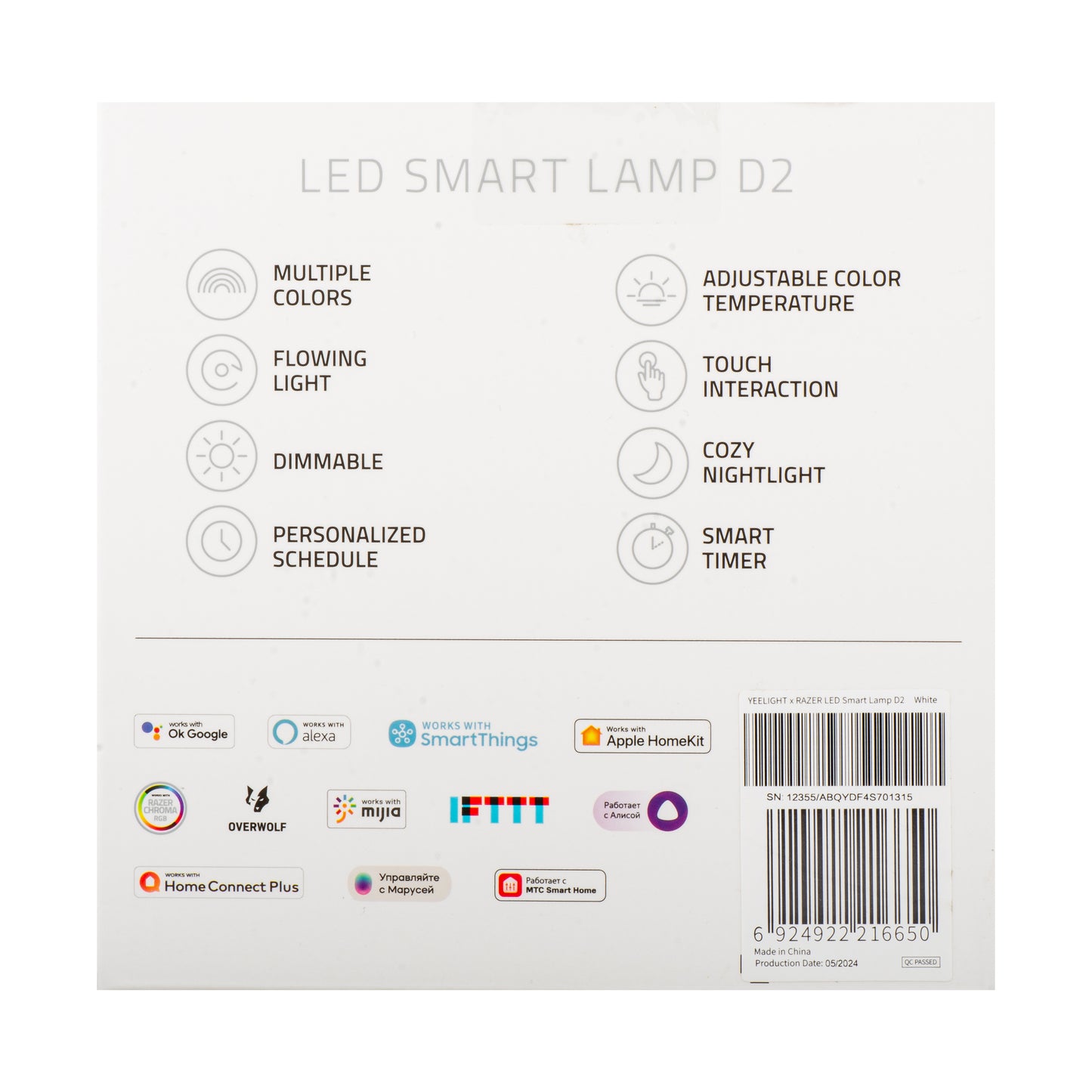 Lampe LED Veille Yeelight D2 par Razer, Wi-Fi, 5W, 1700K - 6500K, 240lm, RGB, Blanche, Reconditionnée YLCT01YL