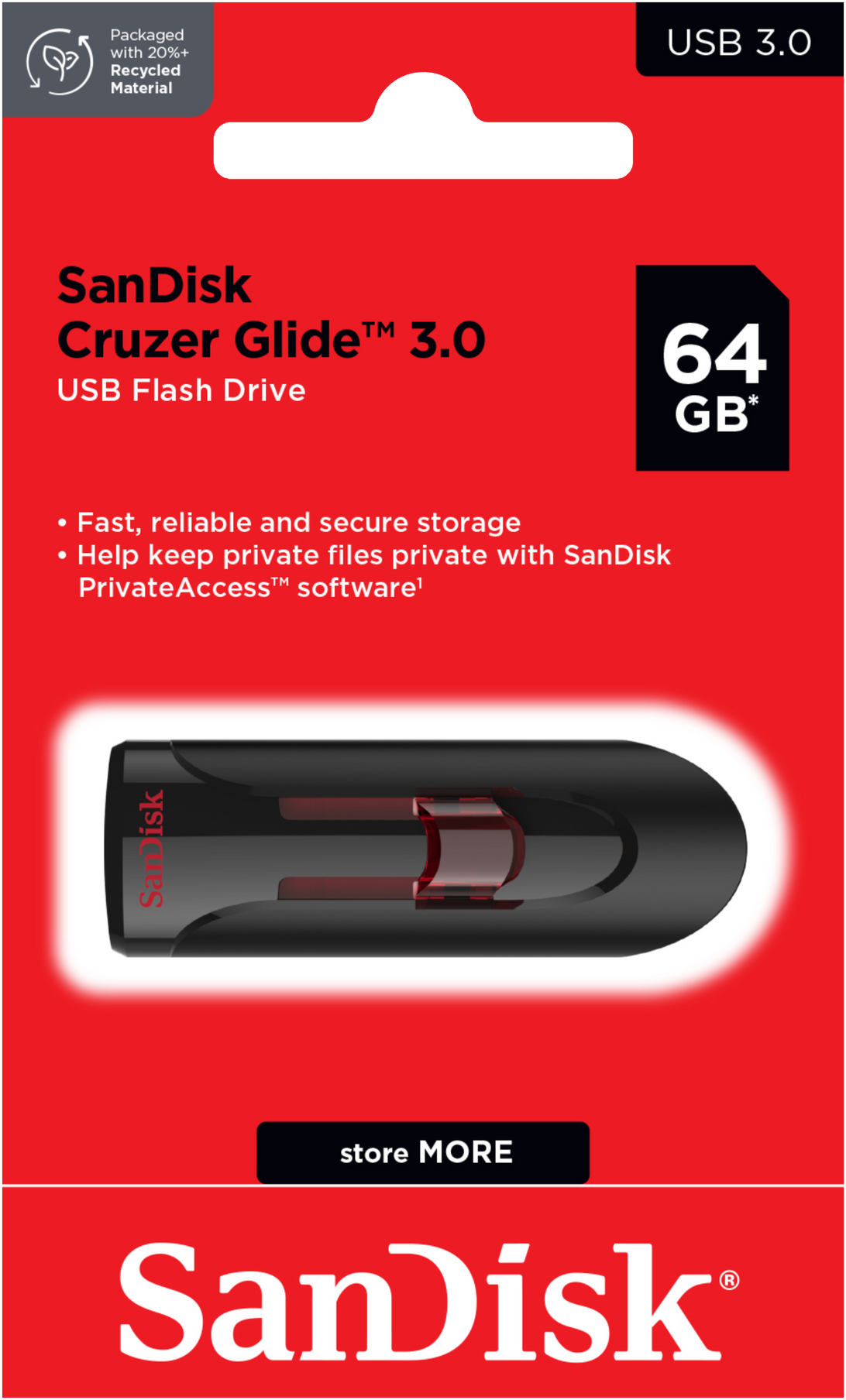 Mémoire Externe USB-A 3.0 SanDisk Cruzer Glide, 64Gb SDCZ600-064G-G35