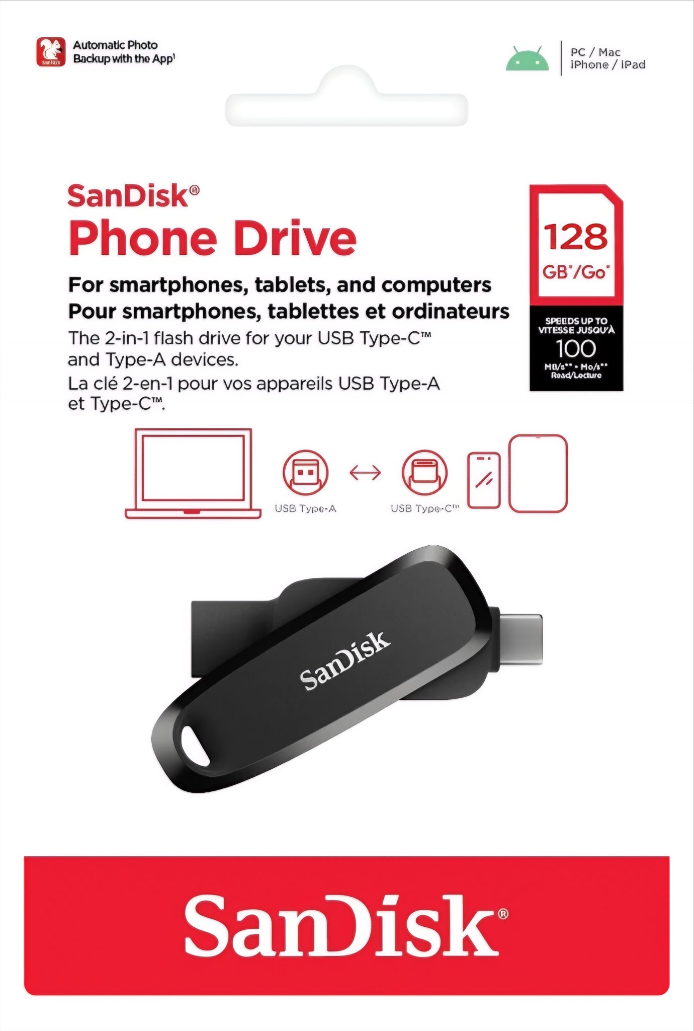 Mémoire Externe USB-A 3.2 / USB-C SanDisk Phone Drive, 128Gb SDDDC6-128G-G46