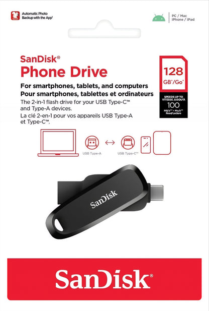 Mémoire Externe USB-A 3.2 / USB-C SanDisk Phone Drive, 128Gb SDDDC6-128G-G46