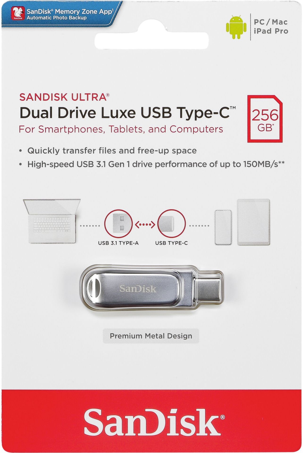 Mémoire Externe USB-A 3.2 / USB-C SanDisk Ultra Luxe Dual Drive, 256Go SDDDC4-256G-G46