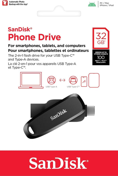 Mémoire Externe USB-A 3.2 / USB-C SanDisk Phone Drive, 32Gb SDDDC6-032G-G46