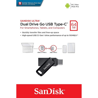 Mémoire Externe USB-A 3.2 / USB-C SanDisk Ultra Dual Go, 64Gb SDDDC3-064G-G46