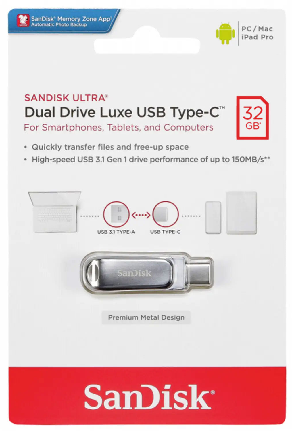 Mémoire Externe USB-A 3.2 / USB-C SanDisk Ultra Luxe Dual Drive, 32Gb SDDDC4-032G-G46