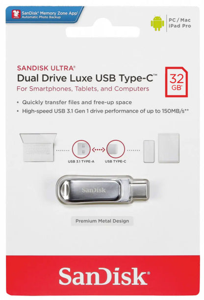 Mémoire Externe USB-A 3.2 / USB-C SanDisk Ultra Luxe Dual Drive, 32Gb SDDDC4-032G-G46