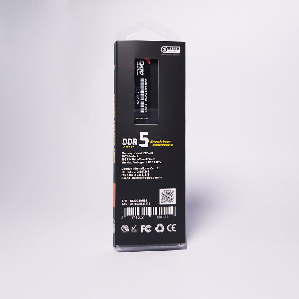 Mémoire RAM Dato, DDR5, 8GB, 5600Mhz, Noire DT8G5DU56