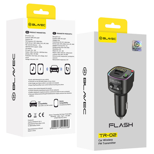 Modulateur FM Bluetooth Blavec Flash TR-02, 1 x USB-A - 1 x USB-C